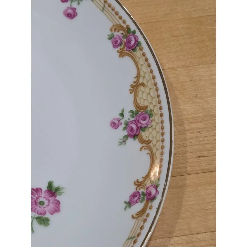 Antique Z S & Co Bavaria Pink Tulip Purple Rose Porcelain Plate Gold Rim